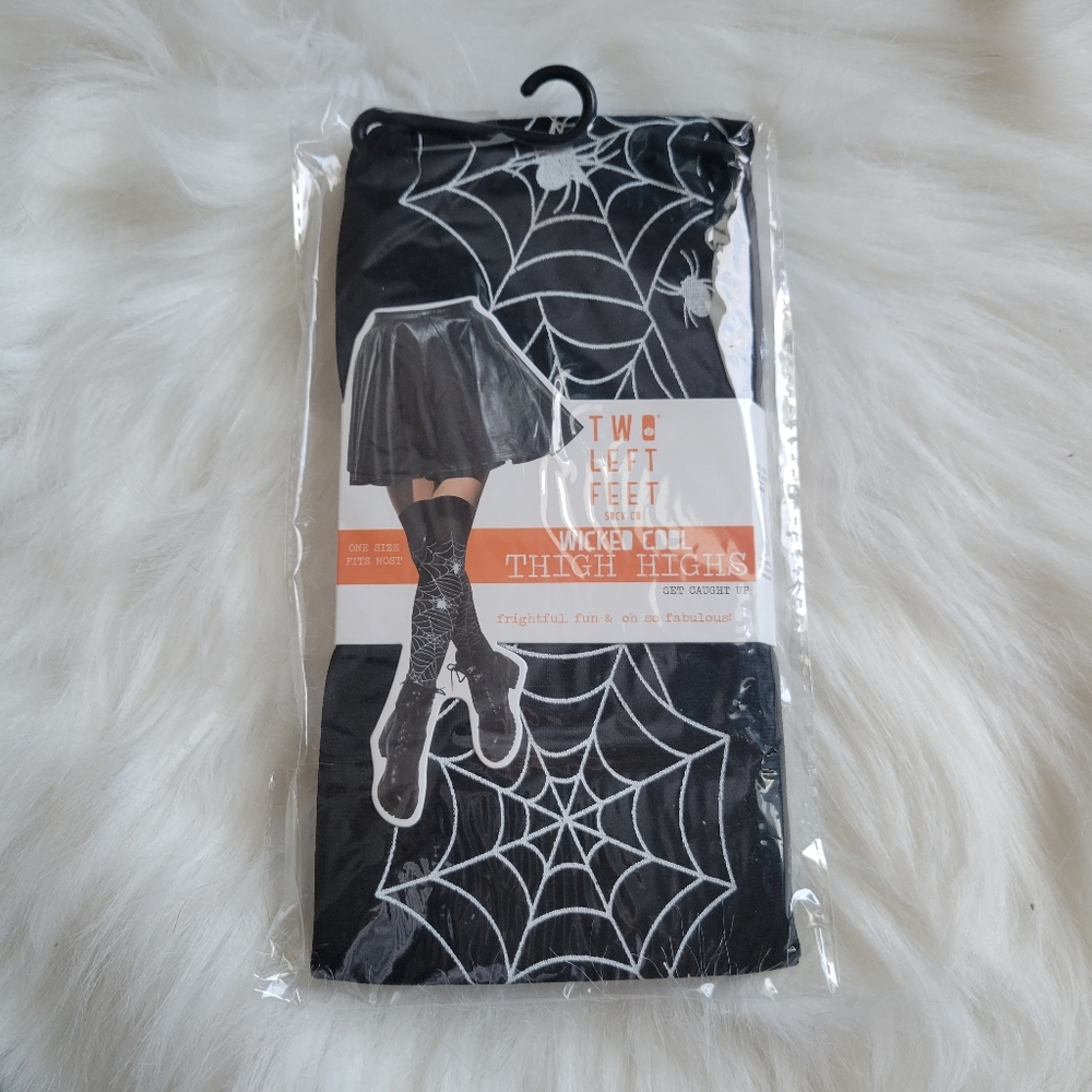 Two Left Feet Black & White Spider Web Get Caught Up Wicked Cool Thigh Highs NWT
